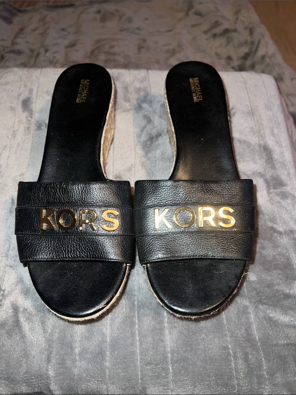 Michael Kors Black Slide Sandals with Gold KORS Logo